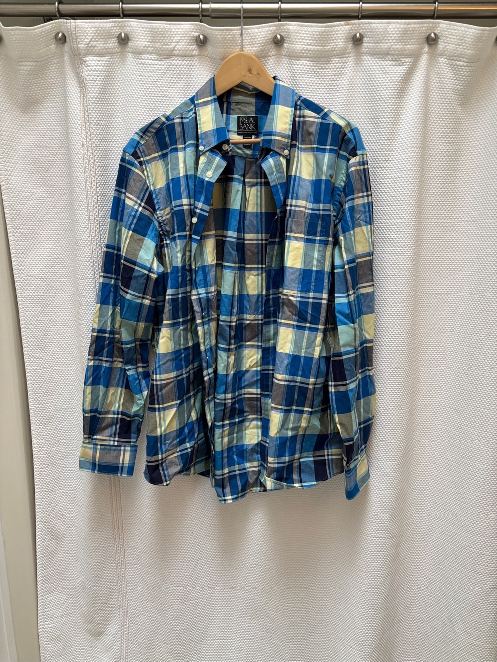 Jos. A. Bank Blue and Cream Plaid Tailored Button-Up Shirt